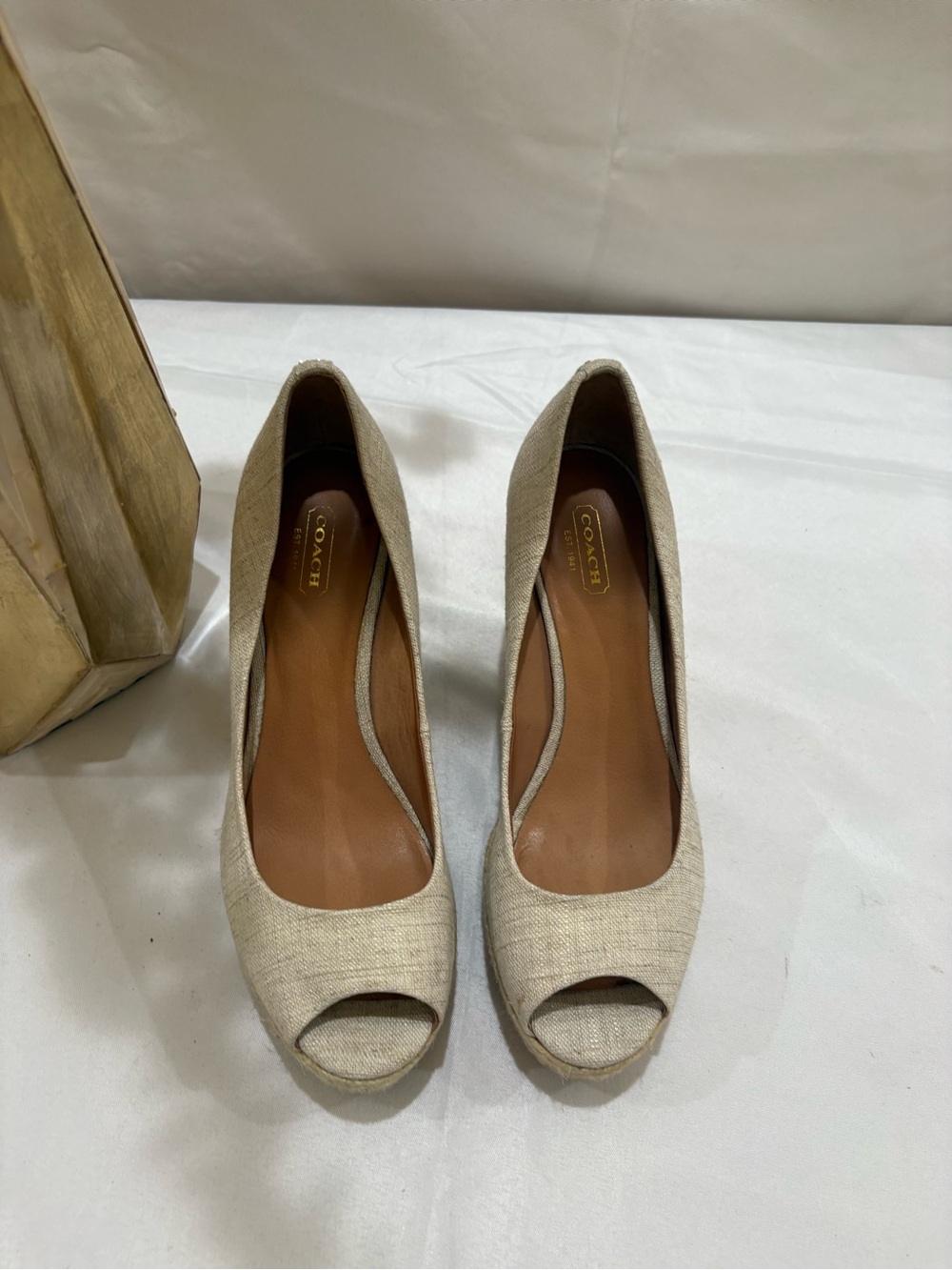 Coach Beige Linen Peep-Toe Espadrille Wedges - Picture 2 of 5